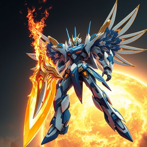A blue white and gold feminine built mech robot with a giant flaming sword and metal wings fighting on the surface of the sun