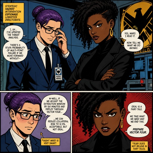 Anime style, Agent Ward hair violet nice bun, clean shaven, nice,cares about partner,shy, good at his job,likes his partner but to scared to admit it,is smart ,his partner Ruby she's dark skin serious ,intimidating,plays by the rules makes sure she gets all the answers,as a comic