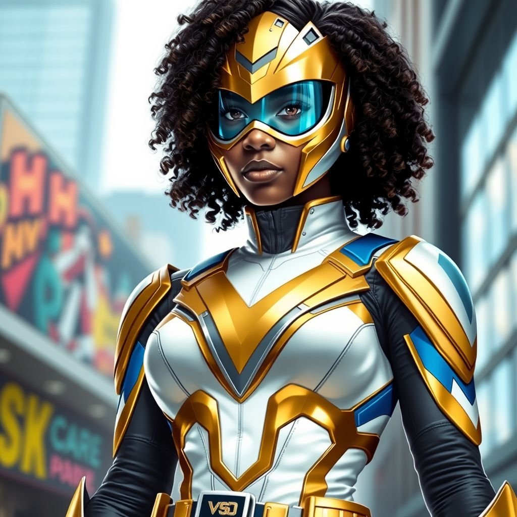 A teenage African American female with shoulder length curly hair  in a side part style superhero  wearing an armored MASK and a slightly armored white and gold suit with white pants and blue accents and a stylized V as her chest emblem a utility belt and gold boots