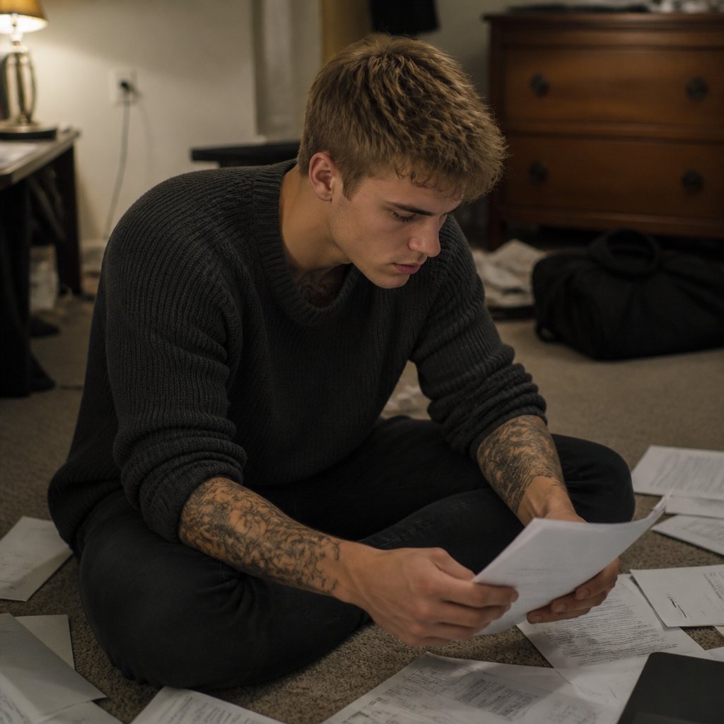 A 20 year-old man with tousled short dirty blonde hair and storm grey eyes sits on a carpeted floor, surrounded by papers. His sweater sleeves are rolled, revealing arm tattoos. He is staring at the papers with a guarded expression.