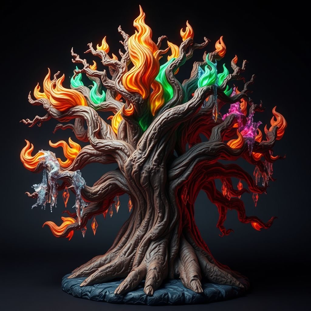 Give me a image of a tree showing power of shadow, fire, frost and mind control 
