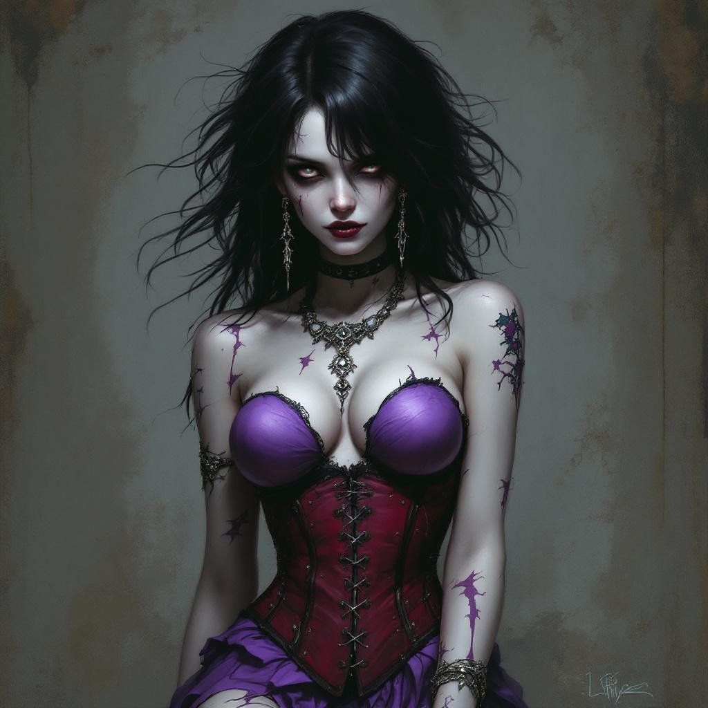 Hollow One Zombie Girl Black Hair with a Shock of White. She wears a Lavender strapless skin tight mini dress. With a dark red corset