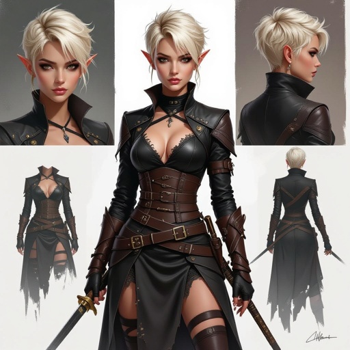 Blonde pixie cut Female High Elf Rogue Assassin in Black and Brown Shear Lace & Leathers and Skirt ripped and torn