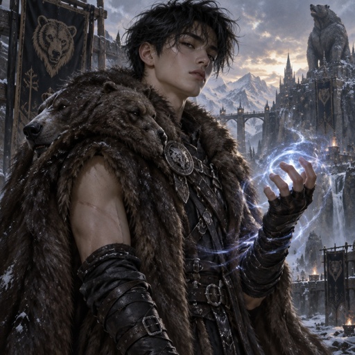 Teenager korean and scandinavia mixed boy with black hair wearing a bear sleeveless trench coat with black leather wrapping on his hands