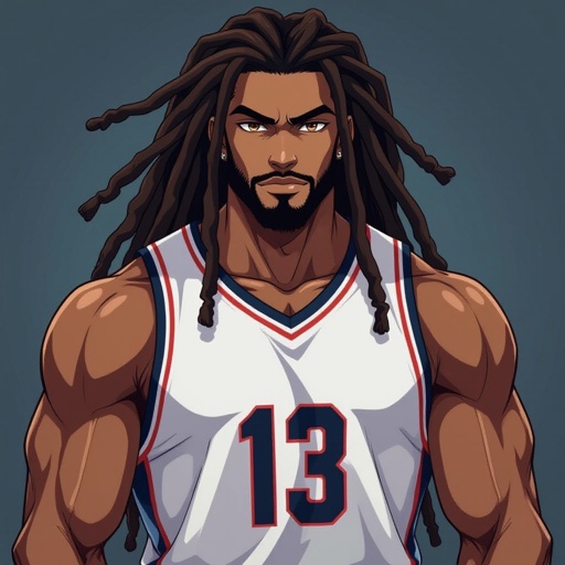 My character is a muscular skin guy with long and thick dreadlocks and he is wearing a basketball jerseys 