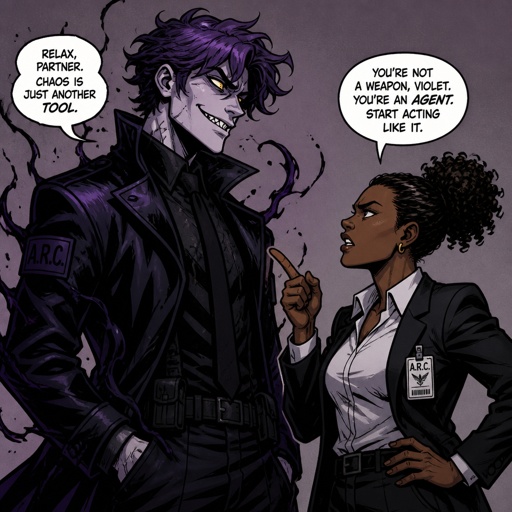 Anime style, Agent Ward a male, made in a secret lab to be best weapon and good at everything, highly skilled, be kept in check, emergency backup case he gets out of control, his hair messy bun color violet, clean shaven, yellow night vision eyes, sharp teeth, dark power energy from experiment, tired, tall, eyes sensitive to light, dangerous, intimidating, laugh like a maniac, cares about partner ruby rose she's dark skin serious plays by rules firm,them standing together ruby arguing to wards "stop being intimidating you're going to our suspect a hart attack!" Ward says "job goes faster" starts giggling, ruby warn ward " if you can't take this seriously l'll have to have you go in your room" ward sad expression says"i don't want that" ruby "ok let's do this I have somewhere to be " as a comic