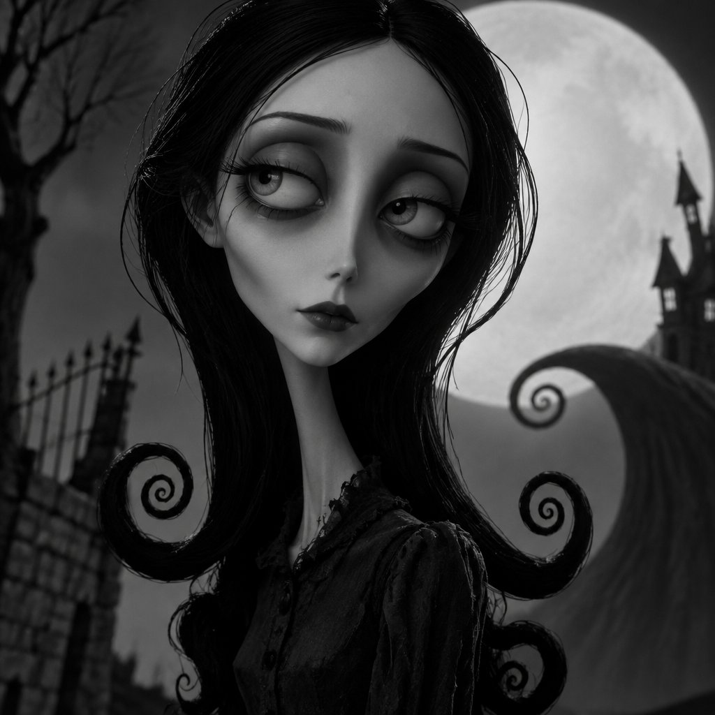a tim burton portrait of a girl with hair that spirals at the bottom, lots of black and white contrast, high cheek bones, hooded eyes, slight twinge of melancholy in the eyes