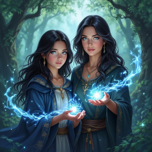 Older Mother and almost teenage daughter with black hair and bleu eyes with hidden kinetic powers