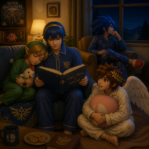 Super smash brothers young link from legend of Zelda, pit from kid Icarus, Marth from fire emblem,sonic the hedgehog as a human It’s night time all are in the living room marth is reading a bed time story to the rest, young link is falling asleep leaning on Marth,pit is on the floor hugging a pillow looking at marth intrigued by the story Sonic is on a chair with his one leg over the other listening and staring out the window all are wearing pjs