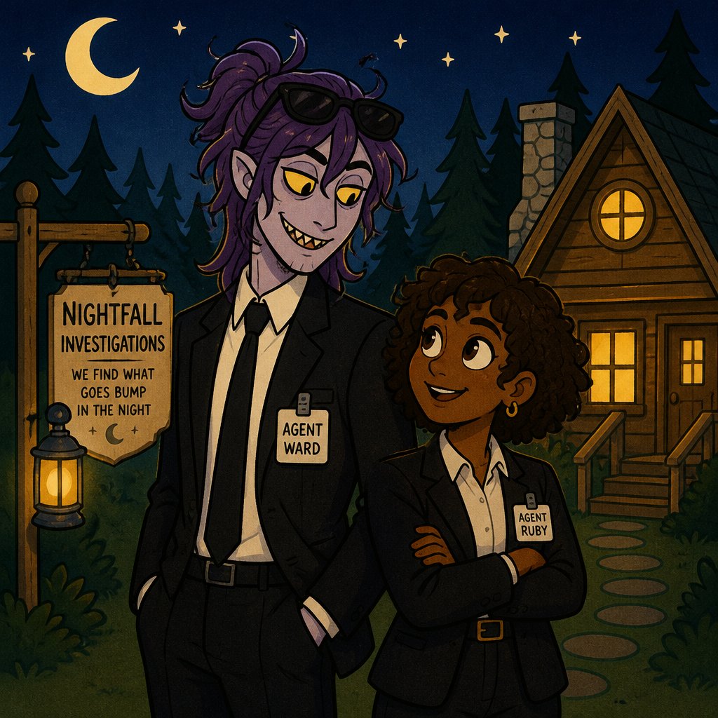 Anime style,Agent Ward,long messy hair in a messy loose up tied bun, violet hair,clean shaven,skin color white,he’s made in a secret lab to be the best weapon and good at everything highly skilled in many things the scientists are scared if he gets out of control,kept in check by lab facility, they have an emergency back up incase he gets out of control, yellow night vision eyes,sharp teeth,sunglasses on head,cares about his partner but doesn’t admit it,likes making jokes, can be reckless mischievous and dangerous,extreme dark powers do to lab experiment ,best agent,late 20s,tired,tall,migraines,sensitive to light,jokes,hates being told what to do,intimidating,laugh like a maniac .Partner Ruby she has brown hair a little above the neck curly,brown eyes, dark skin,serious,goes by the rules, gets annoyed by Ward but conceders him as a friend try’s telling him to sleep,doesn’t like his jokes during work,has been given a device to trigger a shut down on Ward in case he gets out of control but really hopes she never has to