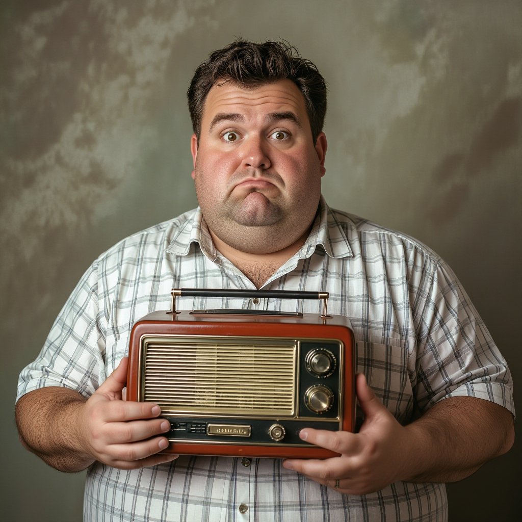 Create a funny fat guy who has a book box radio , make it kinda cartoonish 