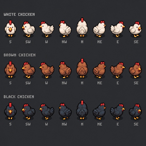 Chicken for a fantasy game set in modern times, top-down style, 360, different colors