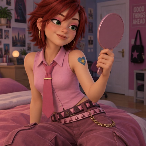 Female, teen, freckles, dark green eyes, hot pink eye shadow, hoop earrings, smiling , choppy red neck length hair, bangs on one side of face, sleeveless button up pink shirt, pink tie with gold clip, blue heart tattoo with a yellow sun inside on shoulder, baggy pants with gold chain, two belts with dark and light pink triangles, looking in hand mirror 