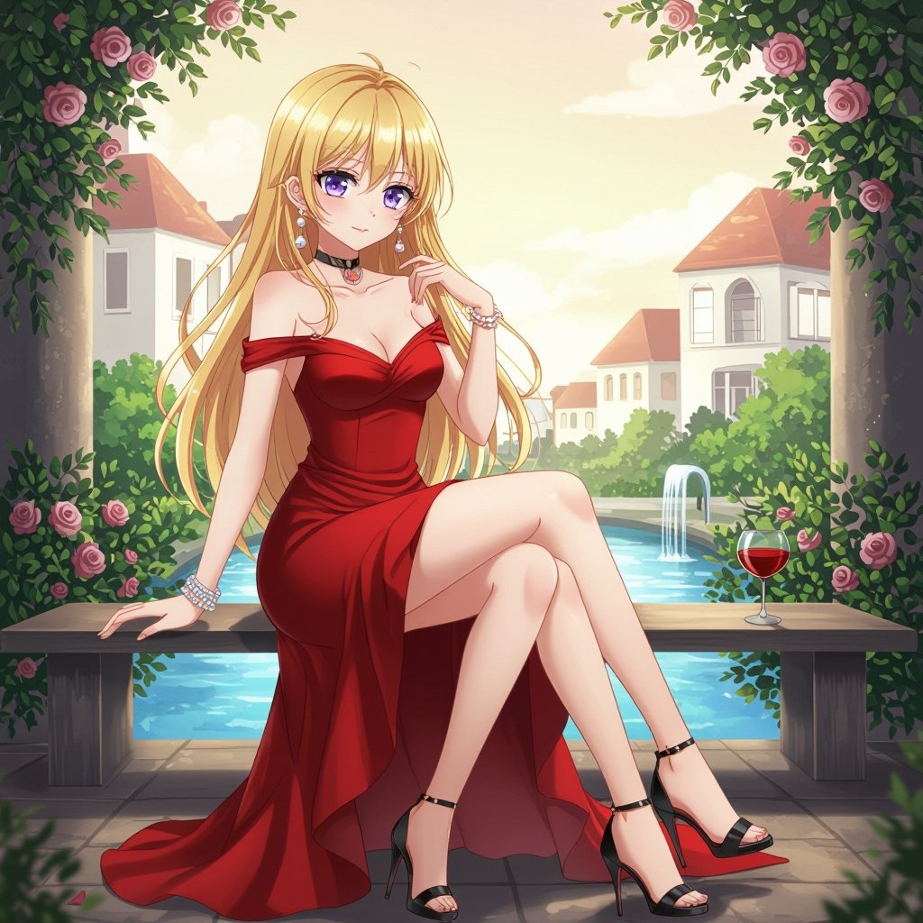 She has blonde hair and purple eyes and a red dress and black high heels and pearl earrings 