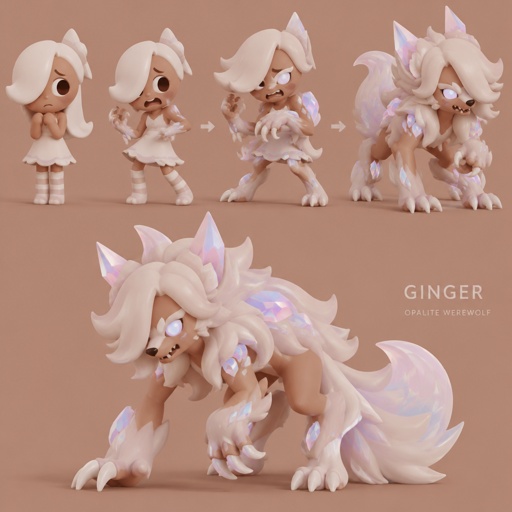 Ginger from dandy’s world turning into a opalite werewolf 