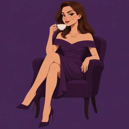Female, slim, brown smooth hair around both sides of face, medium length back hair, freckles, dimples, long eyeliner, upturned nose, drinking tea, bad guy, knee length purple dress off the shoulders, jewelry, necklace infinity symbol, heels, wedding ring, smirk, no cleavage showing