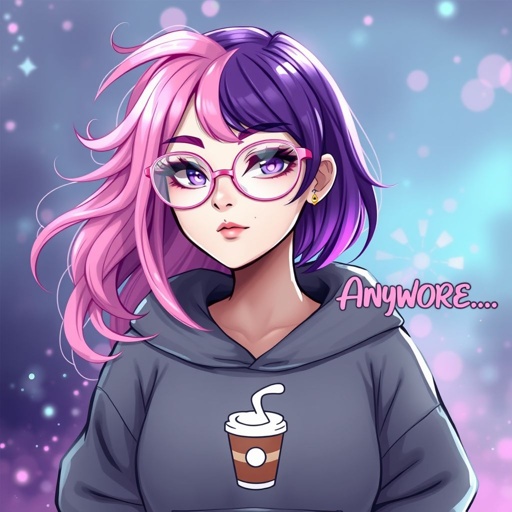 Draw me a profile picture Username: PinkOrchidsGaming I have Half Pink (Right) Half Purple (Left) Hair, A nose piercing on my left side and i wear glasses that are see through pink My Signatures: A gray Hoodie that says “Coffee” but the ‘O’ is a coffee cup My catch phrase is “AnyWHORE..” My favorite color is pink and i want the background to resemble an Angel Dust vibe (Character from hazbin hotel)