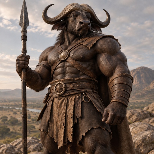 a statue of a horned man holding a spear