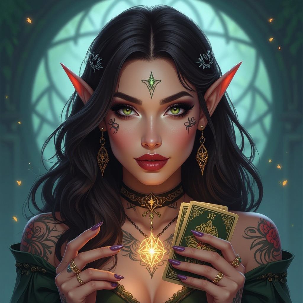 Kobieta człowiek. Ciemnobrązowe włosy, ciemne oczy, pełne usta, tatuaże. Wróżka tarota
