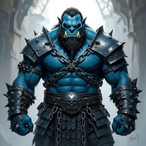 ogre with heavy chain mail armor, blue skin