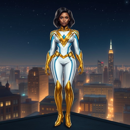 A young African American female superhero with shoulder length hair in a side part style wearing a gold and white suit with blue accents with white pants and gold boots with a stylized V as her chest emblem standing ona roof in a Philadelphia at night