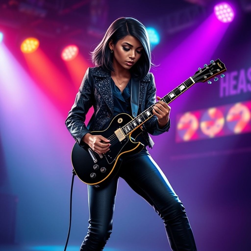 A young African American female with chin length hair in a side part style wearing a sparkly black leather jacket a dark blue shirt black jeans black boots glasses playing a Les Paul style guitar in a club