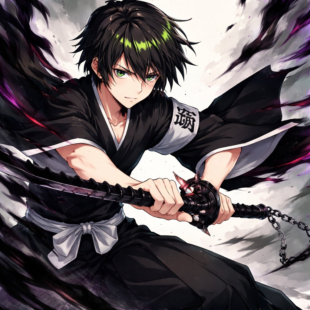 Short black hair with green tint stripes with a dark zanpakuto with a lieutenant uniform