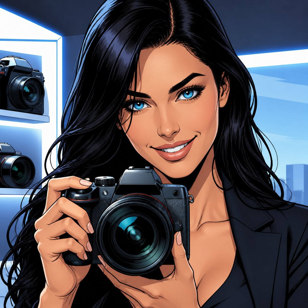 Vivid colors, highly realistic no speech bubble no print dots. A lovely young woman with black hair and sparkling light blue eyes in an angular face is advertising the most modern camera. She is looking directly at us holding the camera and smiling.