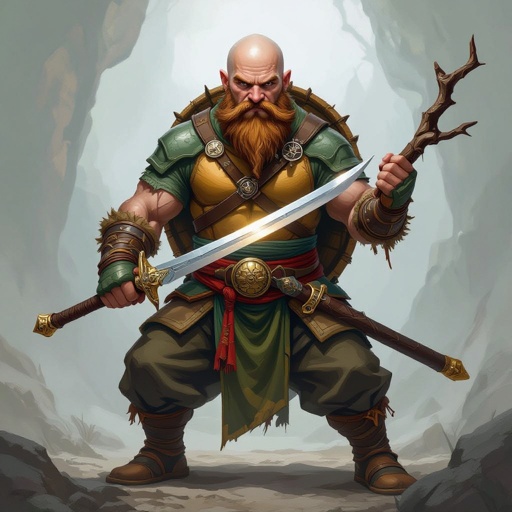 Bald Turtle monk with a short sword and a staff, with a spiky beard