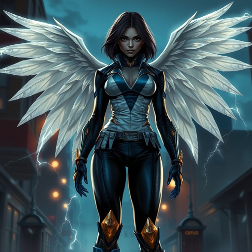 African American female superhero with shoulder length hair in a side part style and wings made of white lightning wearing a slightly homemade white blue and black suit with black pants with a stylized V as her chest emblem wearing blue flat boots made of gold standing in Philadelphia at dusk