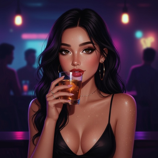An 18-year-old young woman in a dimly lit nightclub, sipping a drink. She has long, raven-black wavy/curly hair that cascades over her shoulders, golden brown eyes that are big and round, and plump lips. Her skin is warm honey-toffee with natural dark freckles across her cheeks. She’s wearing a sleek black dress that stops mid-thigh, stylish and alluring, under the glow of neon club lights. The atmosphere is vibrant yet moody, with blurred figures and soft lighting in the background, capturing a cinematic, realistic portrait.