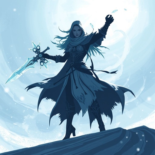 Create a battle woman hero called Alvara the Frostheart. Show full body head to toe including shoes 