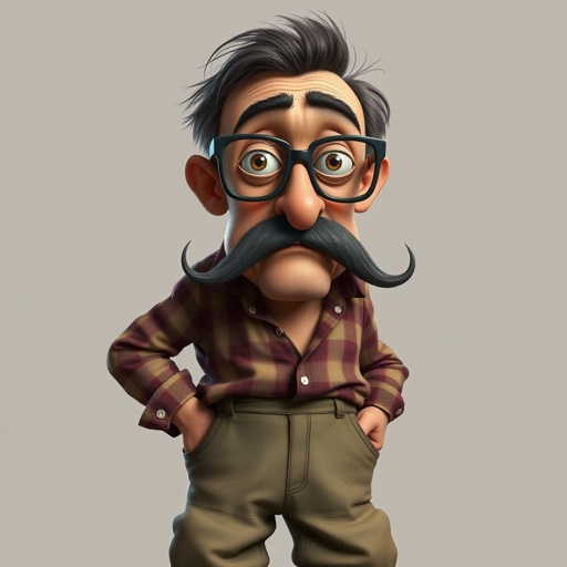 Create a funny looking serious man in the world, with a not so stylish outfit head to toe
