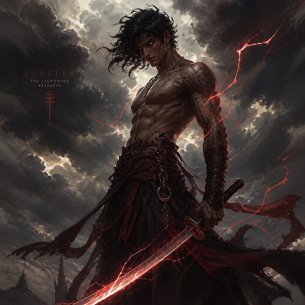shirtless assassin named jupiter red lightning with a sword, red eyes, storm clouds