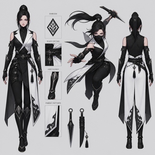 Female Villian ninja, black and white suit design 