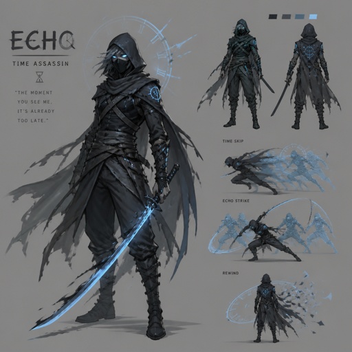 assassin name echo, time power, light blue eyes, blue shadow katana