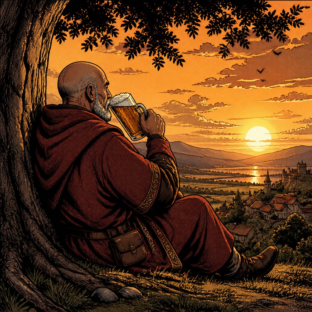 An old man, bald with gray beard, dressed in reddish mediaeval robes leaning against the tree drinking beer we see him 3/4 rearview overlooking upon evening golden hour, realistic no speech bubbles no caricature