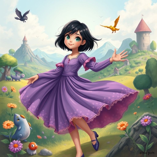 Short black hair. Jade green eyes. Purple fancy dress. 13 years old. Tomboyish. 