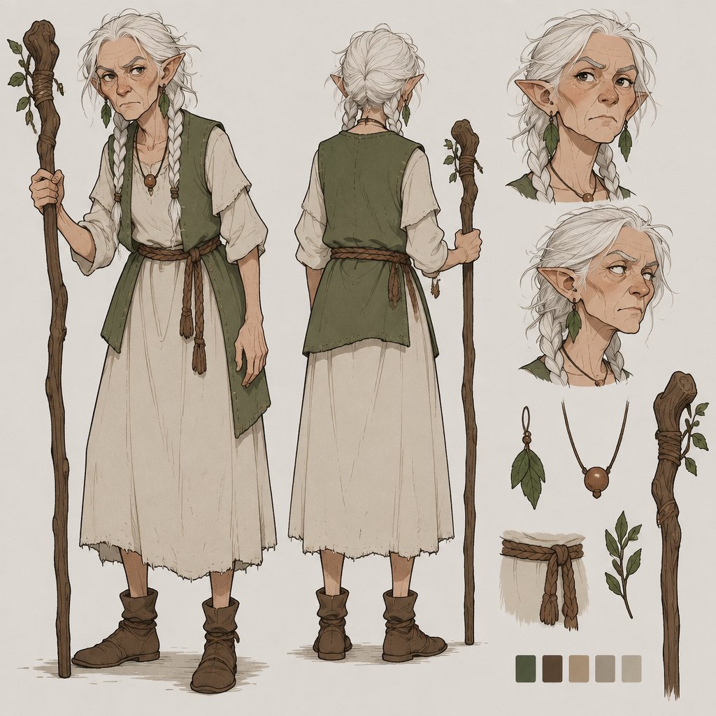 Female, wrinkled, slim, two braids, messy white hair, skinny, leaf earrings, dress, green vest, brown rope around waist, slightly pointy ears, one bead necklace, walking stick, furrowed brows, concept, poses
