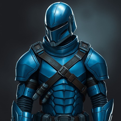  Man in metal blue military armor with amo strapped on his waist a cool shoulder pad leather strap across his chest and a really cool helmet that shows nothing of his face 