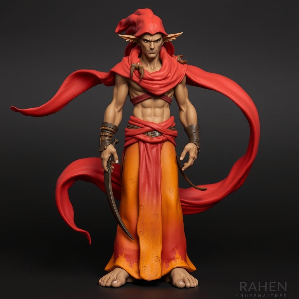 Create handsome hero  Rhen the Fire – A lean, muscular man. He wears layered, flowing desert robes dyed in warm reds and golds, with scorch marks where flames have licked them. A curved blade hangs at his hip.  Show whole body head to toe including her shoes.
