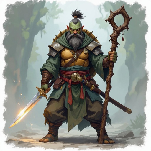 Turtle monk with a short sword and a staff, with a spiky beard