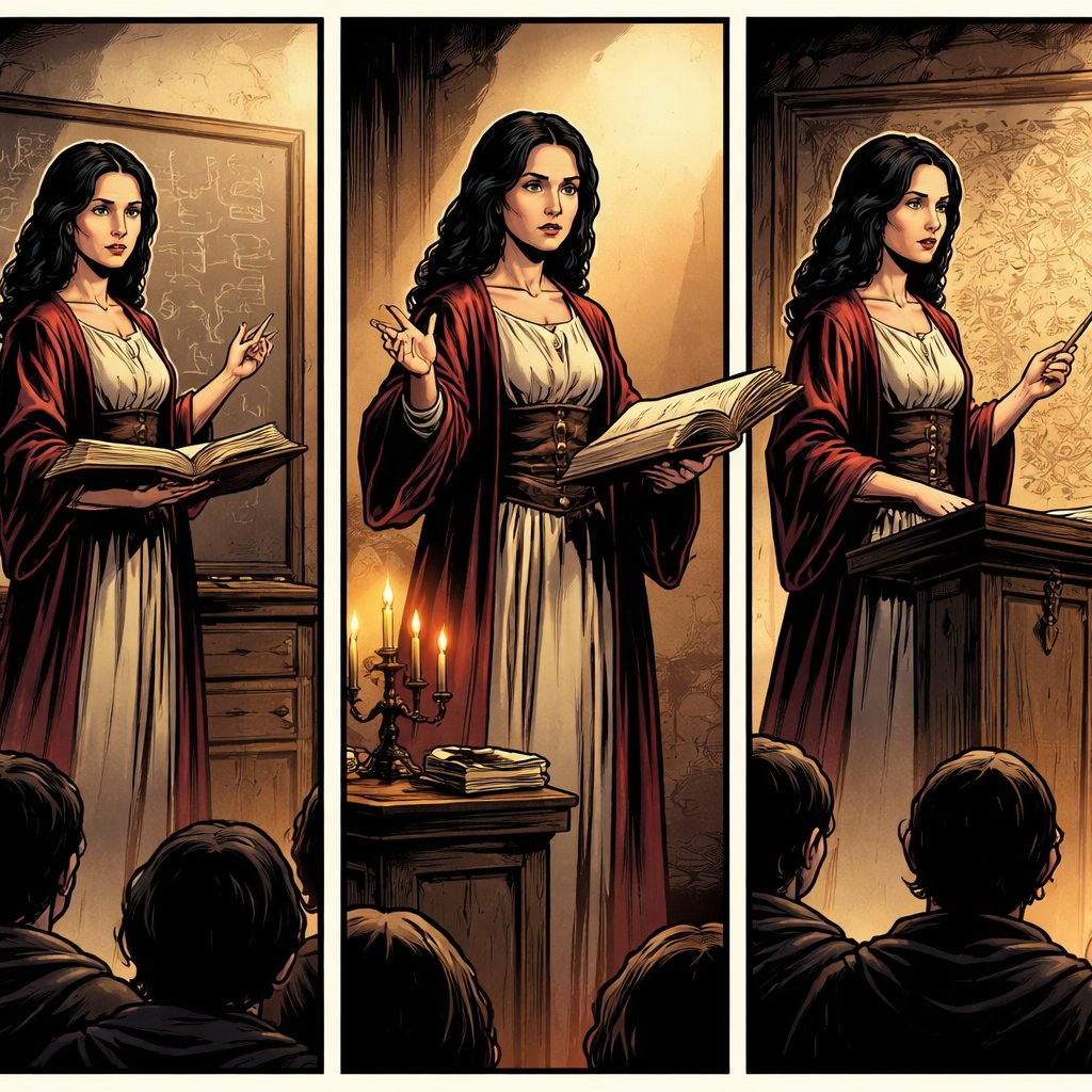 No caricature no speech bubbles othree vertical panels a serious very slim, modest woman in her mid 30s black hair wearing a renaissance style robe is teaching. Full body view
