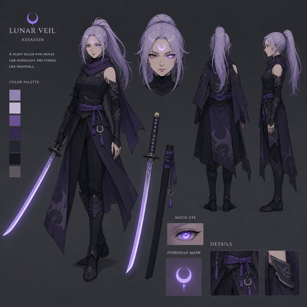 female assassin with light purple haired moon mark katana moon eye
