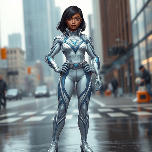 A teenage African American female superhero with hair in a shoulder length side part style wearing a slightly homemade white and silver suit with blue accents and a stylized V as her chest emblem a utility belt and silver boots standing in Philadelphia during a rain storm