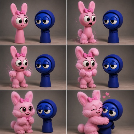 Pinki from Sprunki turning into her kind WereRabbit self in front of Jevin from Sprunki with her legs and tail transforming first and then her arms and then her ears and her neck starts to fluff up and then her face and the fur on her cheeks pokes out with fur appearing on her chest with fur holding her pink bow flush against her head as her eyes go from white and black to black and pink and she hugs Jevin because she loves him 