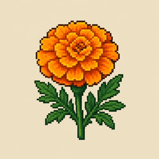 Single marigold for a fantasy game set in modern times, top-down style,