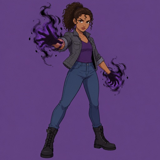 Female, tan, brown eyes, curly ponytail, curl in the middle of her forehead, grey jacket rolled up sleeves, jeans, boots, purple shirt, death touch