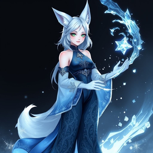 (Genshin Impact) A pale teenage girl with a Cryo Vision wearing a royal black top and trousers with hair and small fox ears as white as snow with emerald eyes and conducting ice