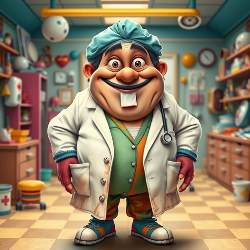 .. create a fat doctor. Who is funny human looking from head to toe. And he always immediately results to surgery for anything even small things. So please be sure to show his whole outfit head to toe. Make him have 1 tooth. Make it more adult humor instead of cartoon humor.